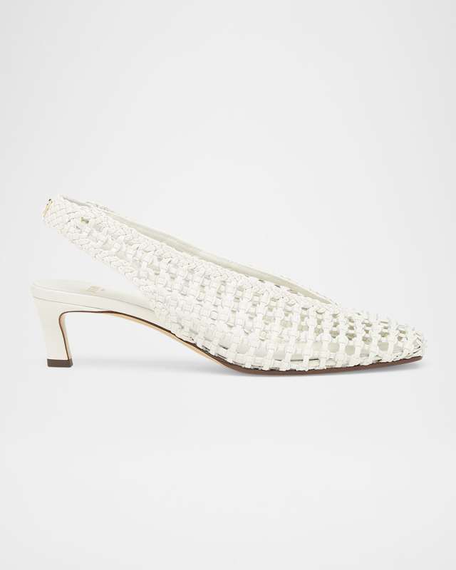 Woven Leather Kitten-Heel Slingback Pumps